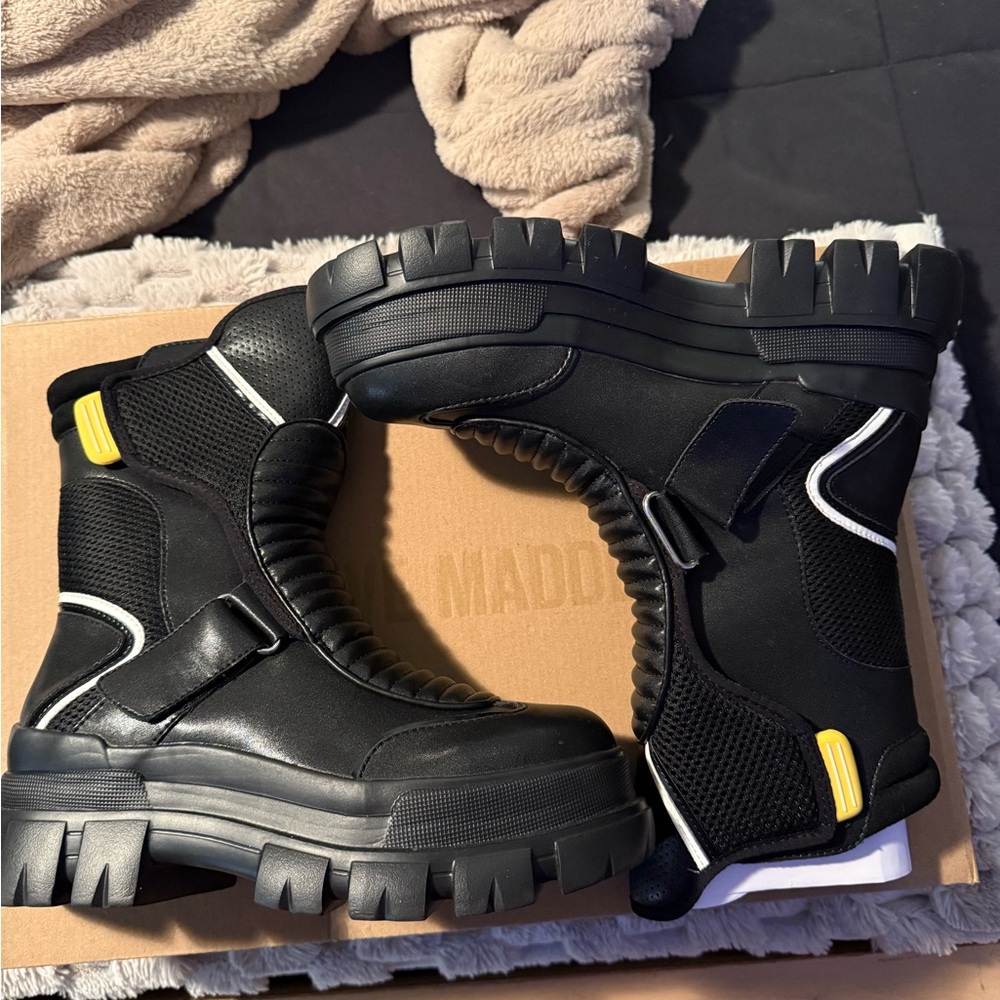 Steve Madden Black Combat Boots with Yellow Accents